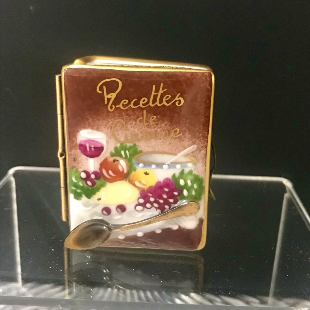 Vintage, Limoges, Ceramic “Recipes of Cuisine” Book Trinket with Spoon